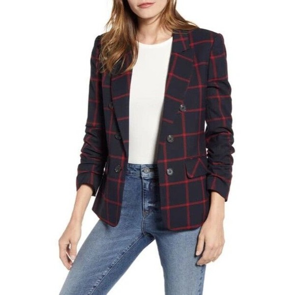 1. STATE Jackets & Blazers - 1.state Women Windowpane Check Ruched Sleeve Blazer In Rich Black M